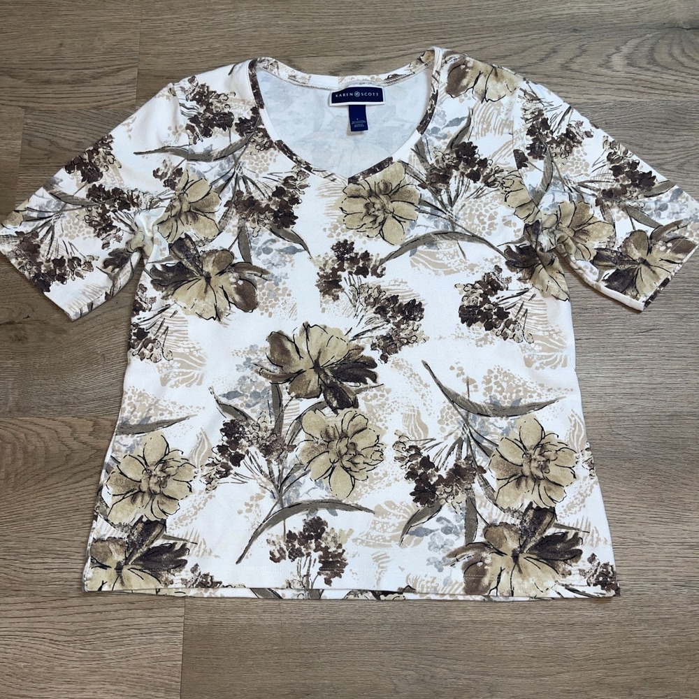 Karen Scott Womens Large Short Sleeve V-Neck Floral Top Brown Beige Cream Ada